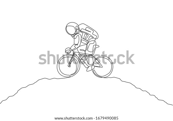 One single line drawing of spaceman astronaut\
practice bicycle on moon surface cosmic galaxy vector illustration.\
Healthy space cosmonaut lifestyle sport concept. Modern continuous\
line draw design