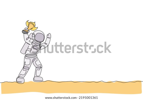 One single line drawing of spaceman astronaut\
holding trophy on moon surface, cosmic galaxy vector illustration.\
Healthy space cosmonaut lifestyle sport concept. Modern continuous\
line draw design