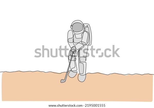 One single line drawing of spaceman astronaut\
practicing golf on moon surface, cosmic galaxy vector illustration.\
Healthy space cosmonaut lifestyle sport concept. Modern continuous\
line draw design