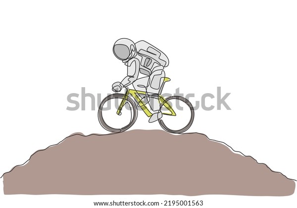 One single line drawing of spaceman astronaut\
practice bicycle on moon surface cosmic galaxy vector illustration.\
Healthy space cosmonaut lifestyle sport concept. Modern continuous\
line draw design