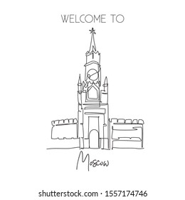 One single line drawing Spasskaya Tower landmark. World famous place in Moscow, Russia. Tourism travel postcard wall decor poster print concept. Modern continuous line draw design vector illustration