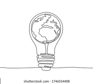 One single line drawing of sphere globe inside shining lightbulb for company logo identity. Thinking smart idea creative icon concept. Trendy continuous line draw design vector illustration