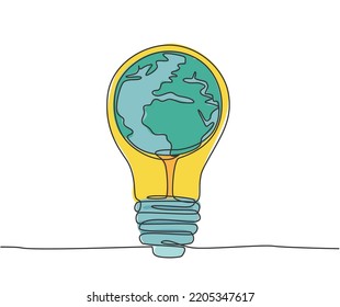 One single line drawing of sphere globe inside shining lightbulb for company logo identity. Thinking smart idea creative icon concept. Trendy continuous line draw design vector illustration
