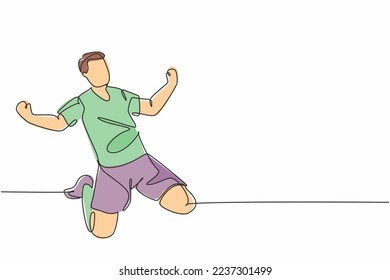 One single line drawing of sporty young football player celebrating his goal scoring on the field emotionally on field. Match goal celebration concept continuous line draw design vector illustration