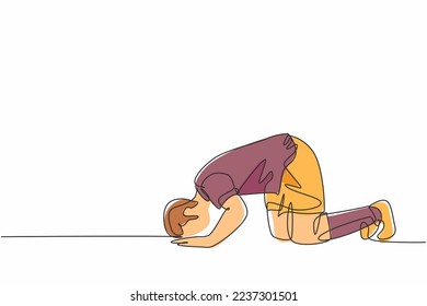 One single line drawing of sporty football player celebrates his goal with sujud of gratitude gesture at field. Match goal celebration concept continuous line graphic draw design vector illustration