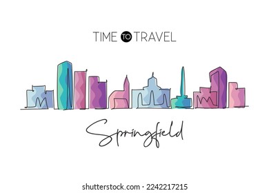 One single line drawing Springfield city skyline, Illinois. World historical town landscape. Best holiday destination postcard. Editable stroke trendy continuous line draw design vector illustration