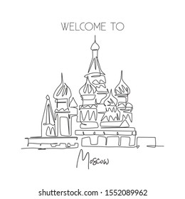 One single line drawing St. Basils landmark. World iconic place in Moscow, Russia. Tourism travel postcard home wall art decor poster concept. Modern continuous line draw design vector illustration