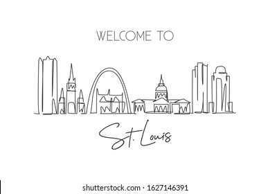 One single line drawing of St. Louis city skyline, USA. Historical town landscape in the world. Best holiday destination poster. Editable stroke trendy continuous line draw design vector illustration