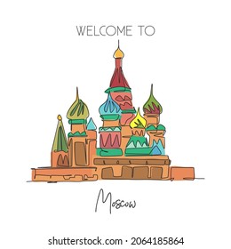 One single line drawing St  Basils landmark  World iconic place in Moscow  Russia  Tourism travel postcard home wall art decor poster concept  Modern continuous line draw design vector illustration