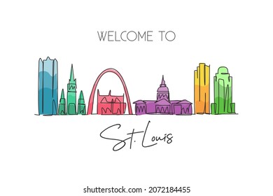 One single line drawing of St. Louis city skyline, USA. Historical town landscape in the world. Best holiday destination poster. Editable stroke trendy continuous line draw design vector illustration