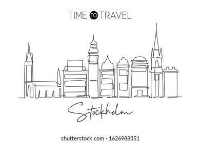 One single line drawing of Stockholm city skyline, Sweden. Historical town landscape in the world. Best holiday destination. Editable stroke trendy art continuous line draw design vector illustration