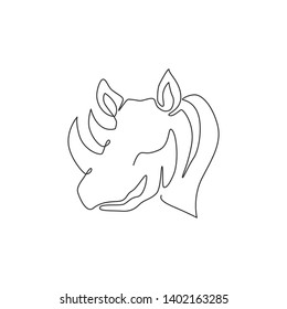 One single line drawing of strong rhinoceros head for conservation national park logo identity. African rhino animal mascot concept for national zoo safari. Continuous line draw design illustration