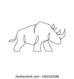 One single line drawing of strong rhinoceros for conservation national park logo identity. Big African rhino animal mascot concept for national zoo safari. Continuous line draw design illustration