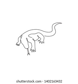 One single line drawing of strong komodo dragon for company logo identity. Dangerous predator animal mascot concept for reptilian zoo. Modern continuous line draw design illustration vector graphic