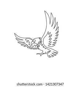 One single line drawing of strong eagle bird for company business logo identity. Falcon mascot concept for air force icon. Dynamic continuous line draw design graphic vector illustration