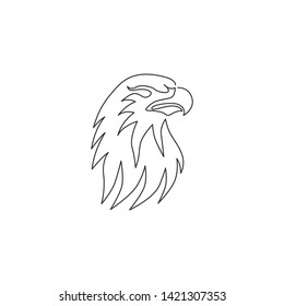 One single line drawing of strong eagle head bird for company business logo identity. Falcon mascot concept for air force icon. Trendy continuous line draw design graphic vector illustration
