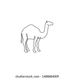 Um único desenho de linha do forte camelo árabe do deserto para a identidade do logotipo. Conceito de animal de mamífero bonito para o ícone da pecuária. Desenho de linha contínua moderna ilustração de vetor de design gráfico
