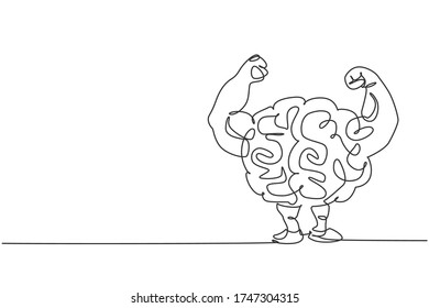 One single line drawing of strong human brain character logo identity. Smart fresh mind for fitness center icon logotype concept. Dynamic continuous line draw design vector graphic illustration