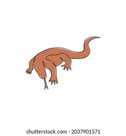 One single line drawing of strong komodo dragon for company logo identity. Dangerous predator animal mascot concept for reptilian zoo. Modern continuous line draw design illustration vector graphic