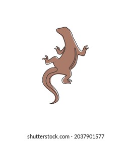 One single line drawing of strong komodo dragon for company logo identity. Dangerous predator animal mascot concept for reptilian zoo. Trendy continuous line draw design illustration vector graphic