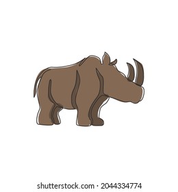 One single line drawing of strong rhinoceros for conservation national park logo identity. Big African rhino animal mascot concept for national zoo safari. Continuous line draw design illustration