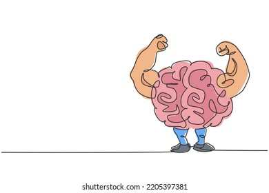 Un dibujo de una sola línea de fuerte identidad del personaje del cerebro humano. Inteligente mente fresca para el concepto de logotipo de iconos del gimnasio. Ilustración vectorial de diseño de línea continua dinámica