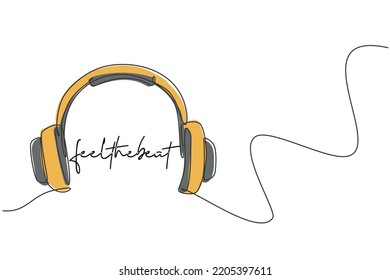 One single line drawing of stylish headphone with wire for recording company logo identity. Musical entertainment icon logotype concept. Dynamic continuous line draw design vector graphic illustration