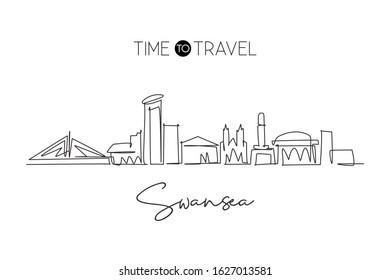 One single line drawing of Swansea city skyline United Kingdom. Historical town landscape in the world. Best holiday destination. Editable stroke trendy continuous line draw design vector illustration