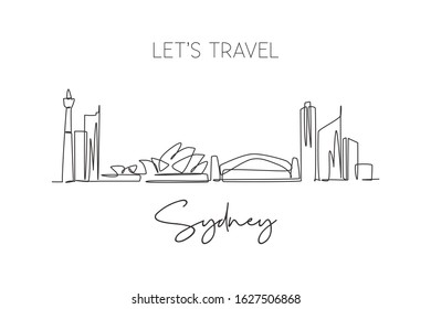 One single line drawing of Sydney city skyline, Australia. Historical town landscape. Best holiday destination home decor wall art poster print. Trendy continuous line draw design vector illustration