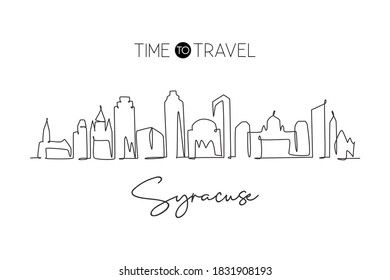 One single line drawing Syracuse city skyline New York State. World historical town landscape. Best holiday destination postcard. Editable stroke trendy continuous line draw design vector illustration