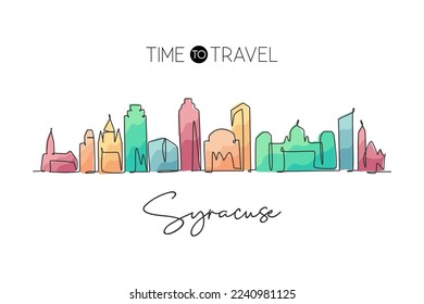 One single line drawing Syracuse city skyline New York State. World historical town landscape. Best holiday destination postcard. Editable stroke trendy continuous line draw design vector illustration