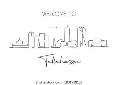 One single line drawing Tallahassee city skyline, Florida. World historical town landscape poster art. Best holiday destination. Editable stroke trendy continuous line draw design vector illustration