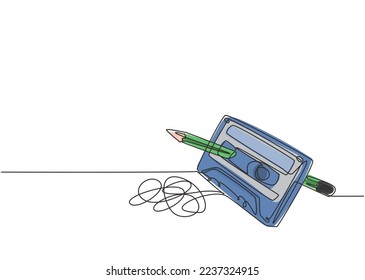 One single line drawing of tangled analog cassette tape ribbon rotate by wooden pencil. Vintage musical item concept continuous line draw design vector illustration graphic