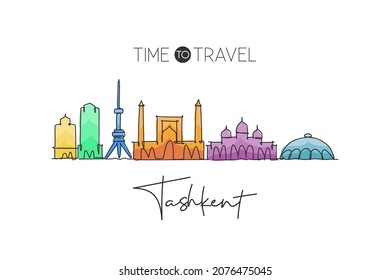 One single line drawing of Tashkent city skyline, Uzbekistan. World historical town landscape. Best holiday destination postcard. Editable stroke trendy continuous line draw design vector illustration