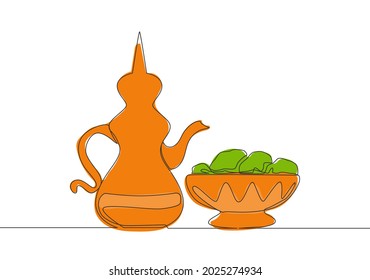 One single line drawing of teapot usually containing Zam zam water and dates fruit on a plate. Food and drink to eat after fasting concept continuous line draw design vector illustration