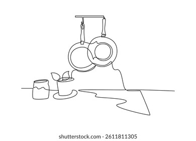 One single line drawing of Teflon kitchen equipment. Minimalist kitchenware tools concept. Dynamic continuous line draw design graphic vector illustration.