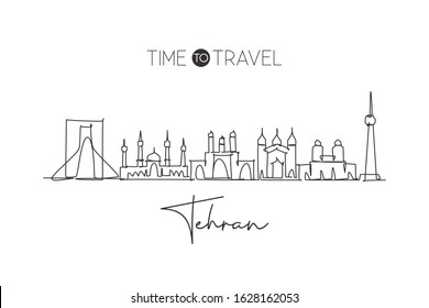 One single line drawing of Tehran or Teheran city skyline Iran. Historical town landscape in the world. Best holiday destination. Editable stroke trendy continuous line draw design vector illustration
