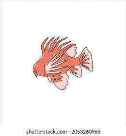 One single line drawing of terrifying lionfish for company logo identity. Underwater fish creature mascot concept for sea world show icon. Modern continuous line draw design vector illustration