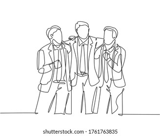 One single line drawing of three young male employee standing together and hugging each other while meeting at the office. Business friendship concept continuous line draw design vector illustration 