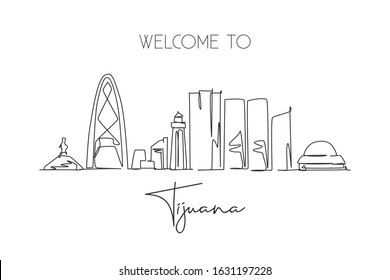 One single line drawing of Tijuana city skyline, Mexico. World town landscape home wall decor poster art print. Best place holiday destination. Trendy continuous line draw design vector illustration