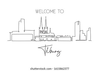 One single line drawing Tilburg city skyline Netherlands. Historical landscape in world postcard. Best holiday destination wall decor poster art. Trendy continuous line draw design vector illustration