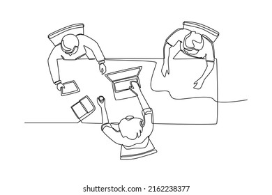 One single line drawing. Top view in office while people having a meeting. Teamwork united to achieve success.  concept continuous line draw design vector.	