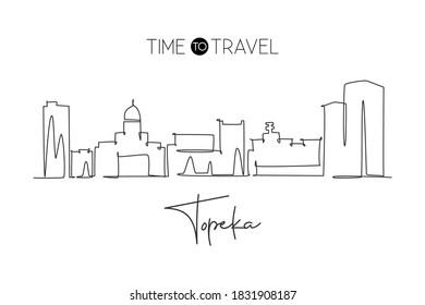 One single line drawing Topeka city skyline, Kansas. World historical town landscape. Best holiday destination postcard. Editable stroke trendy continuous line draw design graphic vector illustration