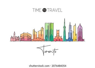 One single line drawing of Toronto city skyline, Canada. World historical town landscape. Best holiday destination home wall decor poster print. Trendy continuous line draw design vector illustration
