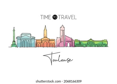 One single line drawing of Toulouse city skyline, France. Historical skyscraper landscape in world. Best holiday destination wall decor poster. Trendy continuous line draw design vector illustration