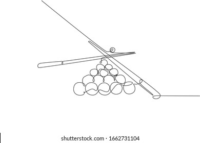 Un dibujo de una sola línea de pelotas piramidal triangular apilado para juego de billar en la ilustración vectorial de la sala de billar. Concepto de juego recreativo deportivo en interiores. Diseño moderno de líneas continuas
