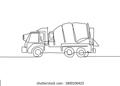 One single line drawing of truck mixer for mobile mixing cement vector illustration, commercial vehicle. Heavy machines vehicles construction concept. Modern continuous line graphic draw design