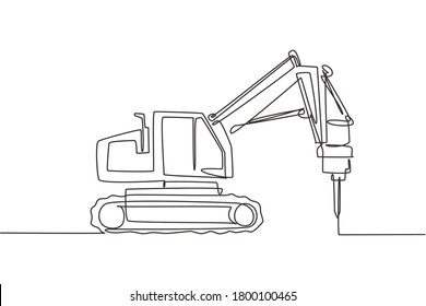 One single line drawing of truck driller for soil earth drilling vector illustration, commercial vehicle. Heavy digger machine construction concept. Modern continuous line draw graphic design