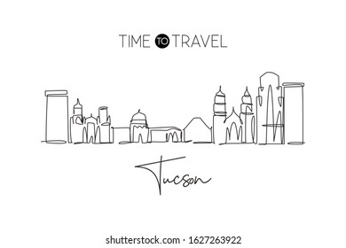 One single line drawing of Tucson city skyline, Arizona. Historical town landscape in the world. Best holiday destination poster. Editable stroke trendy continuous line draw design vector illustration