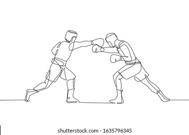 One Single Line Drawing Of Two Young Energetic Men Boxer Attack Each Other At Boxing Match Vector Illustration. Sport Combative Training Concept. Modern Continuous Line Draw Design For Boxing Banner